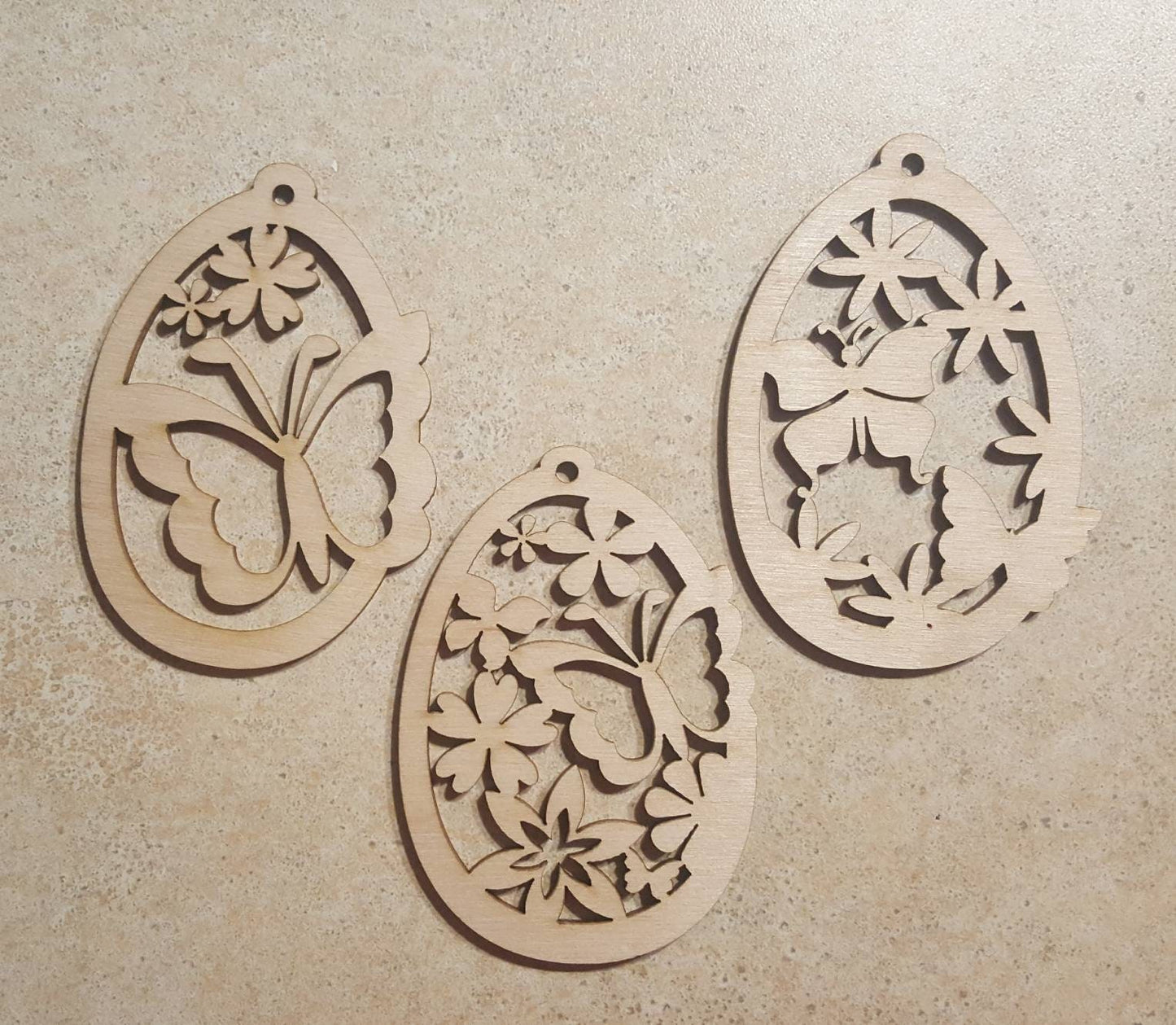 Laser Cut Birch Easter Egg Ornament: Floral Butterfly Decor