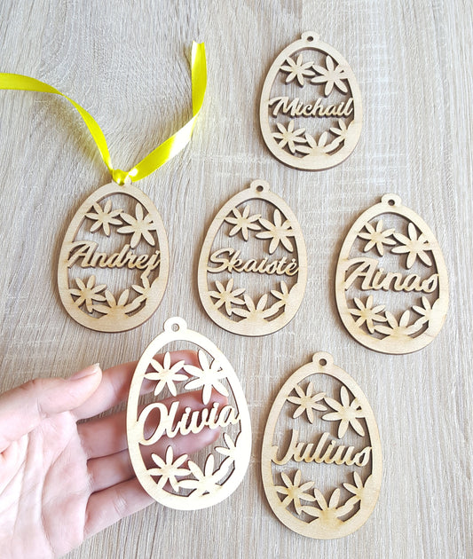 9 Personalized eggs, Easter basket tag, wooden Easter tree decorations, laser cut spring flower decor, Easter name ornament, customized gift