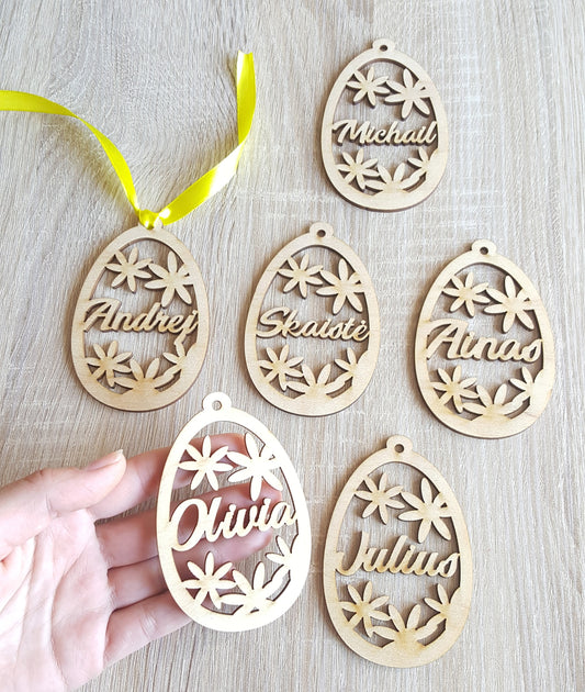 6 Personalized eggs, cute Easter gift tag, wooden egg decorations, laser cut flower decor, Easter ornament with custom name, Easter for kids