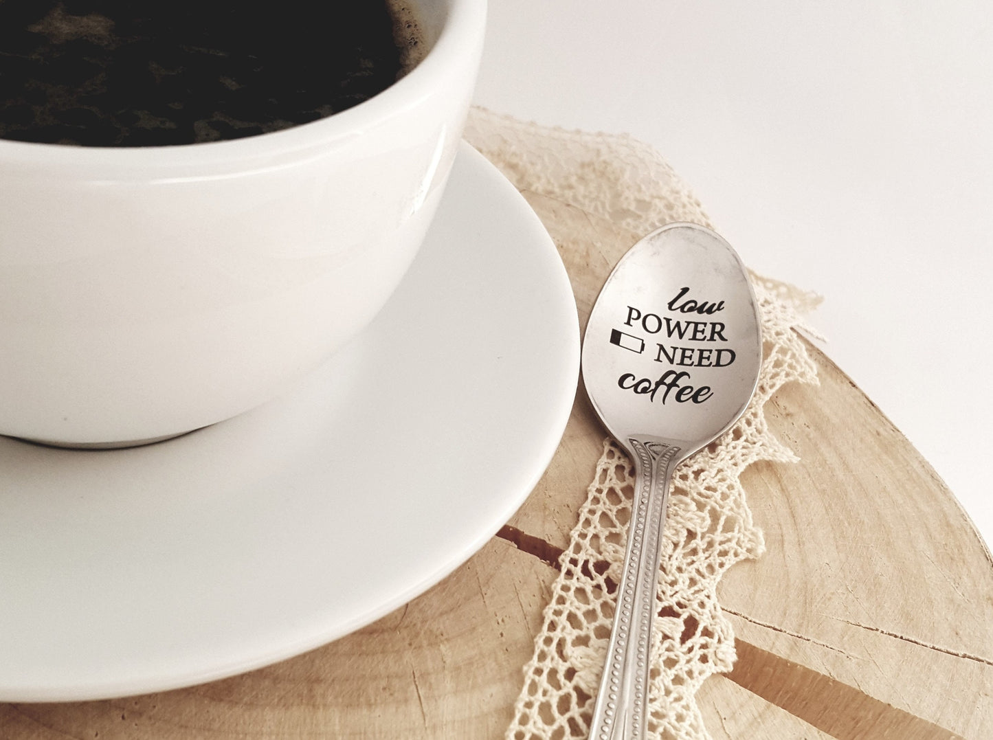 Engraved Coffee Spoon: "Low Power Need Coffee" - Unique Teaspoon
