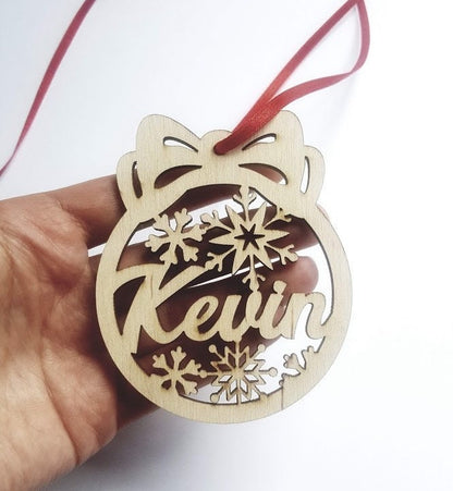 10 Personalized Snowflake Ornaments: Laser Cut Wood Christmas Baubles