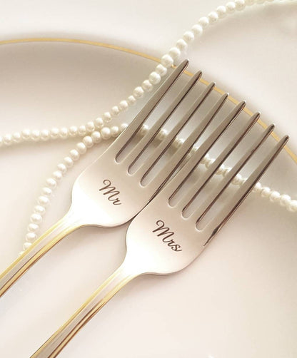 Personalized Mr & Mrs Wedding Forks: Engraved Gold Trim Silverware Set