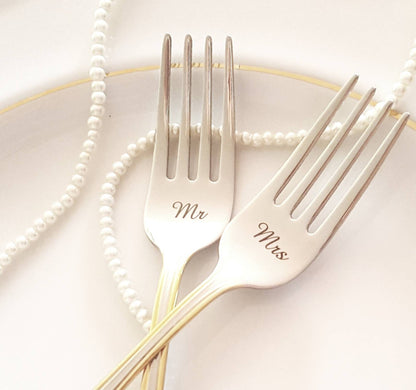 Personalized Mr & Mrs Wedding Forks: Engraved Gold Trim Silverware Set