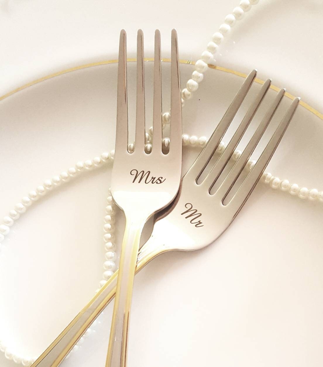 Personalized Mr & Mrs Wedding Forks: Engraved Gold Trim Silverware Set