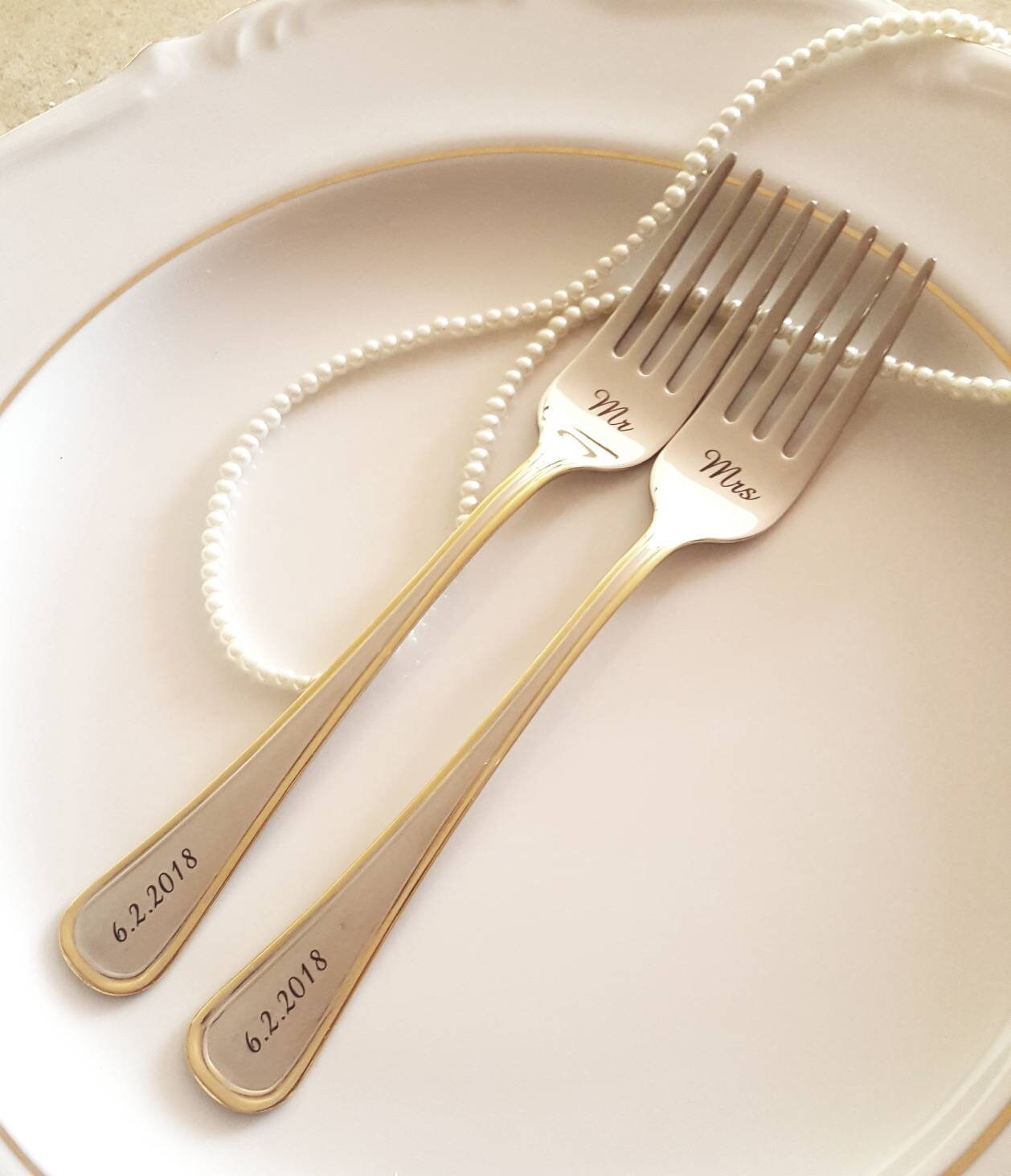 Personalized Mr & Mrs Wedding Forks: Engraved Gold Trim Silverware Set