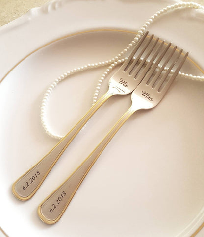 Personalized Mr & Mrs Wedding Forks: Engraved Gold Trim Silverware Set