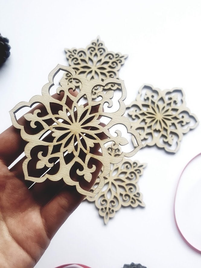 Laser Cut Wooden Snowflake Ornaments: Christmas Tree Decor, Set of 4