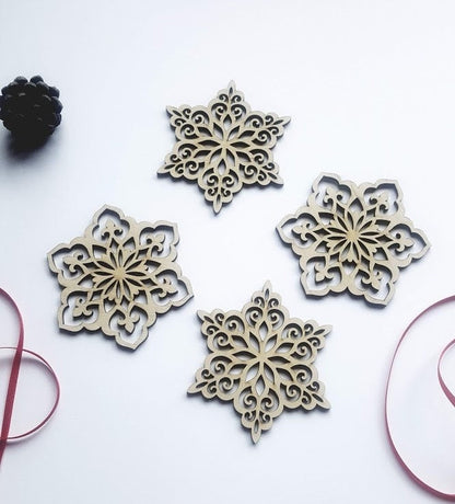 Laser Cut Wooden Snowflake Ornaments: Christmas Tree Decor, Set of 4