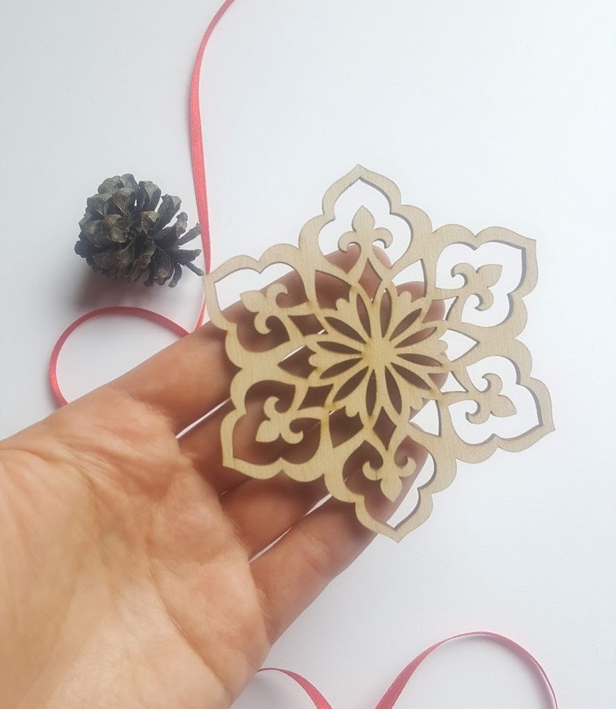 Laser Cut Wooden Snowflake Ornaments: Christmas Tree Decor, Set of 4