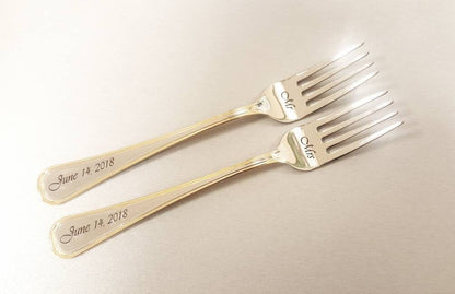 Personalized Wedding Forks: Engraved Gold Trim Silverware, Mr & Mrs Dining Set