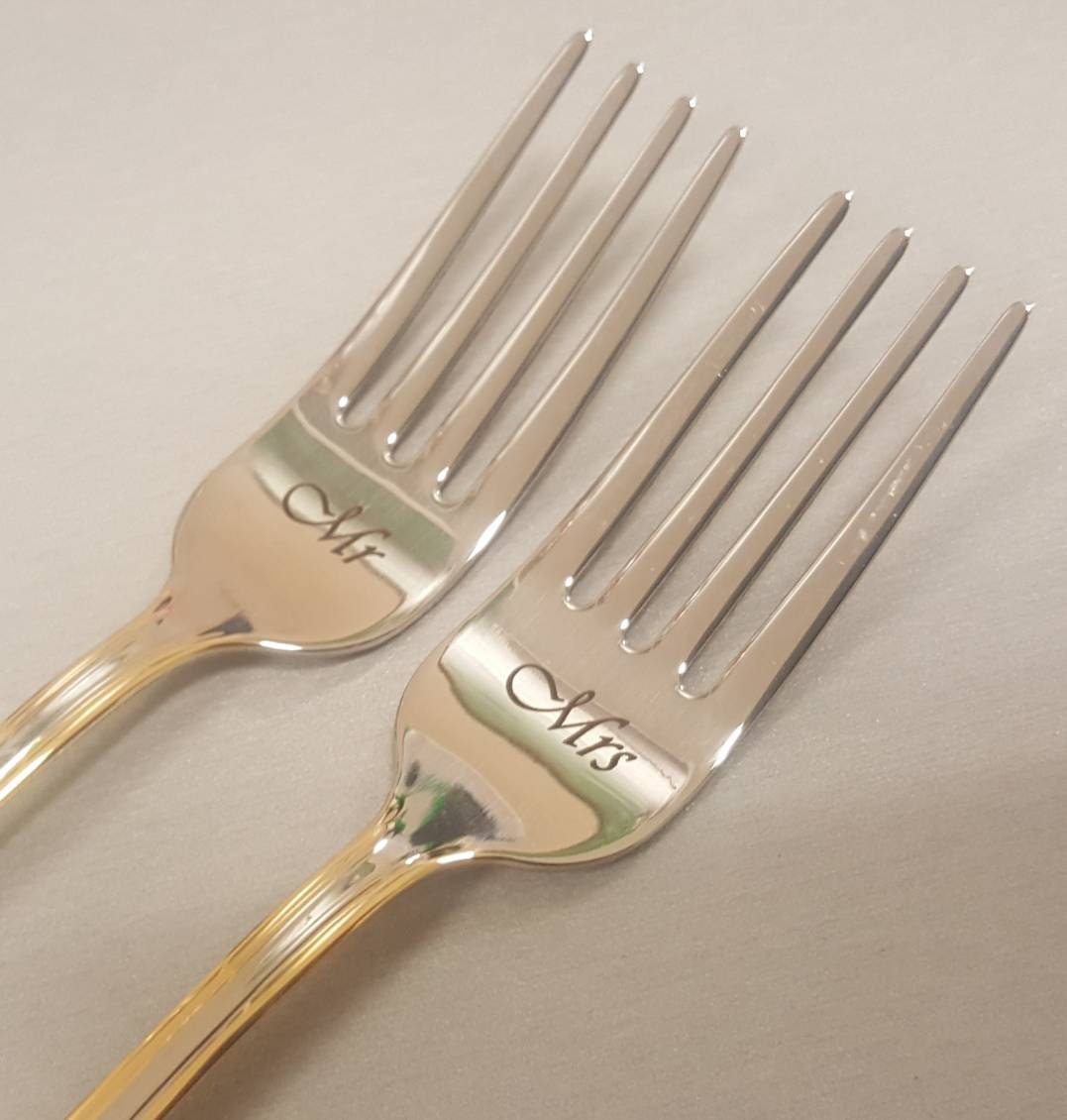 Personalized Wedding Forks: Engraved Gold Trim Silverware, Mr & Mrs Dining Set