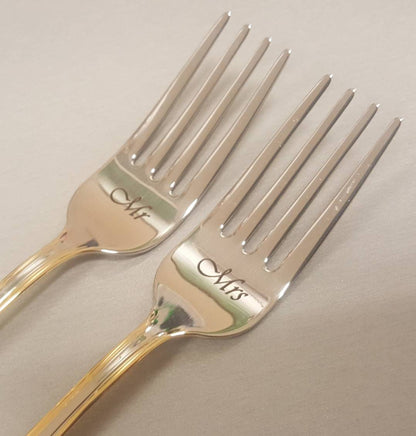 Personalized Wedding Forks: Engraved Gold Trim Silverware, Mr & Mrs Dining Set