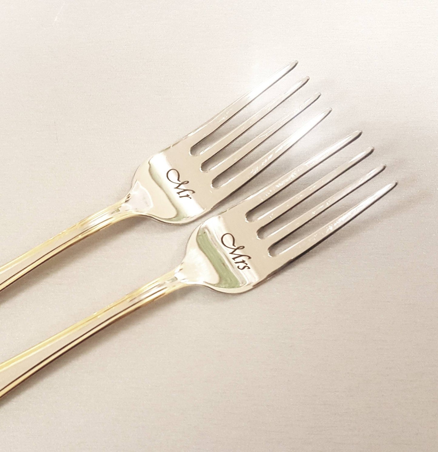 Personalized Wedding Forks: Engraved Gold Trim Silverware, Mr & Mrs Dining Set