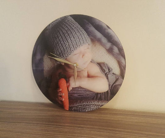 Custom acrylic wall clock with baby photo print, modern round clock, best gift for mother, grandparents, fathers day gift from daughter