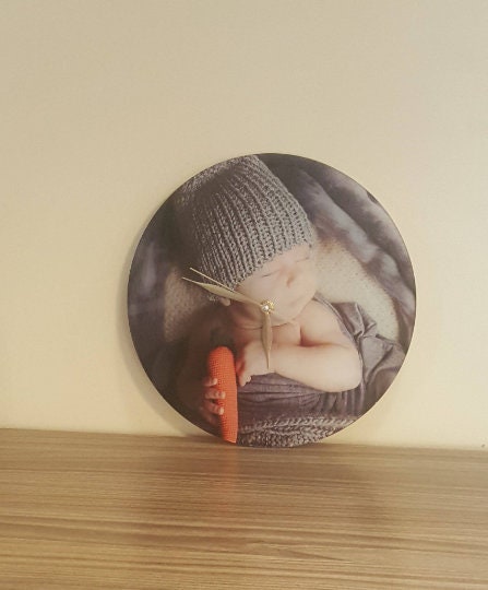 Custom acrylic wall clock with baby photo print, modern round clock, best gift for mother, grandparents, fathers day gift from daughter
