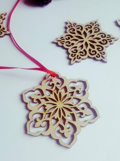 Laser Cut Wooden Snowflake Ornaments: Christmas Tree Decor, Set of 4