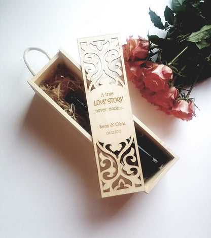Personalisierte Weinkiste aus Holz für Hochzeiten, Jubiläums-Weinkiste aus Holz für Paare, individuelles Weingeschenk für die Brautparty, gravierter Wein für die Hochzeitszeremonie