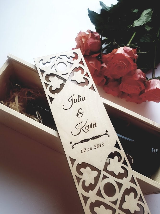 Wine box ceremony, Wedding engraved wine case, Custom gift for bride and groom, Anniversary present for couple, Laser cut wedding memory box