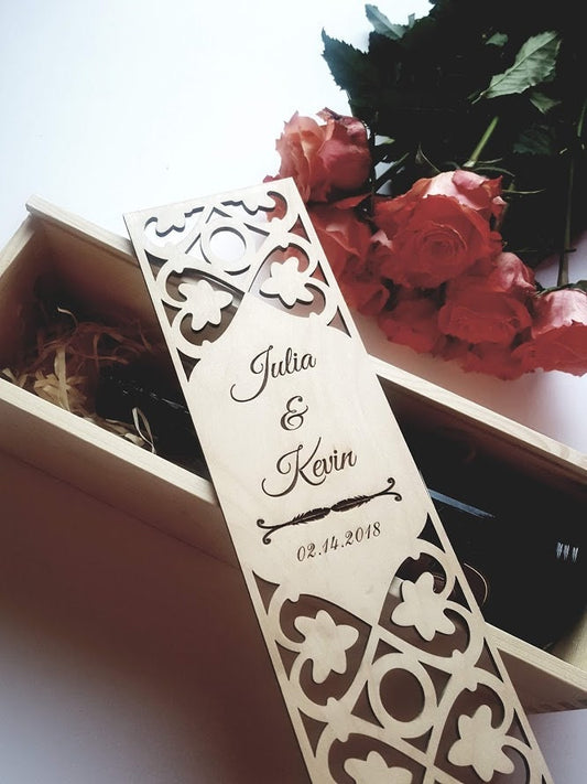 Wine box ceremony, Wedding engraved wine case, Custom gift for bride and groom, Anniversary present for couple, Laser cut wedding memory box