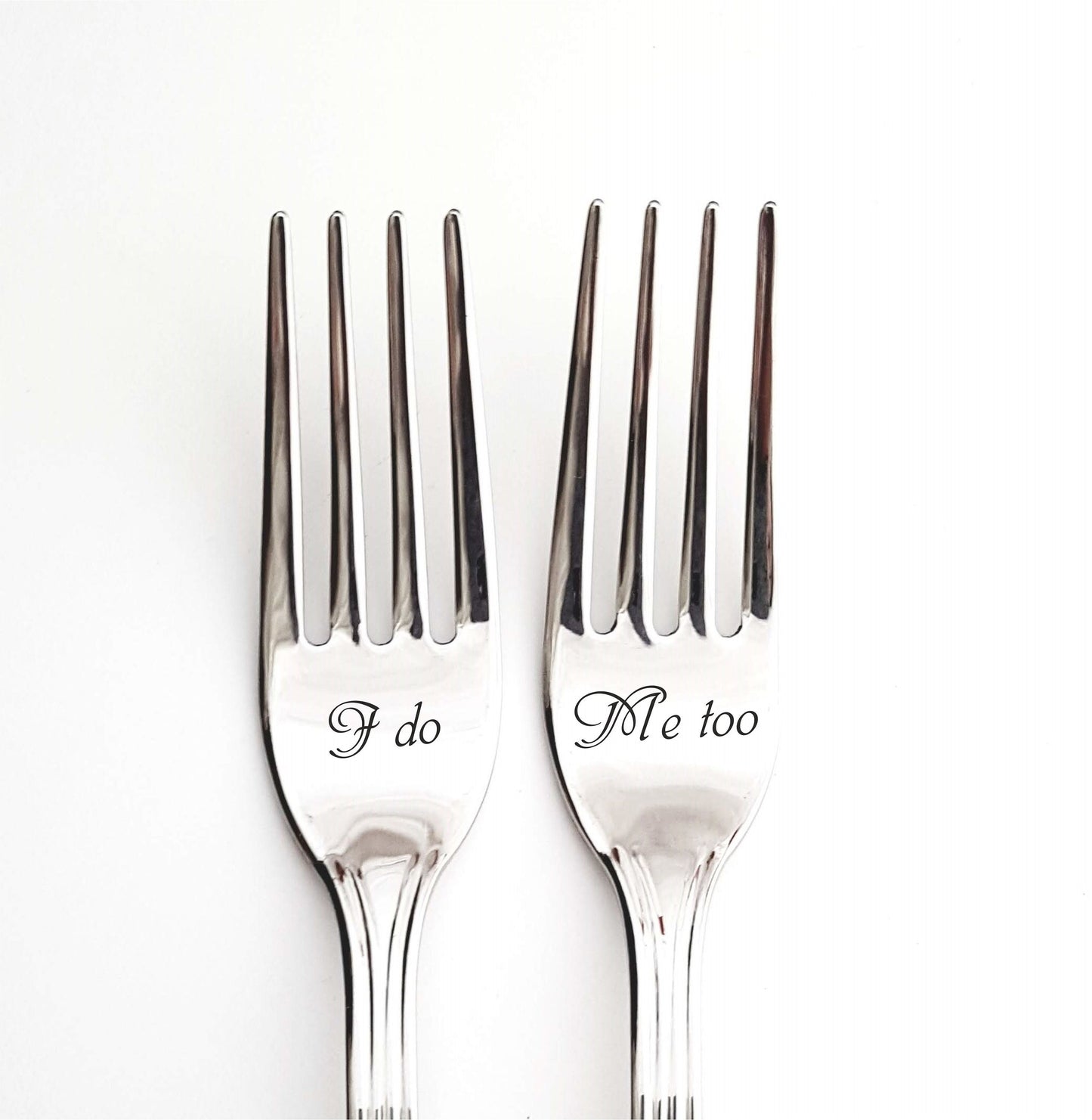 Dinner forks for bride and groom, wedding silverware with engraved I do Me too, custom flatware gift for couple, Mr Mrs dining set