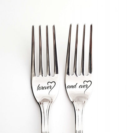 Bridal shower gift for couple, housewarming present for kitchen, wedding dinner forks for bride and groom, engraved anniversary flatware