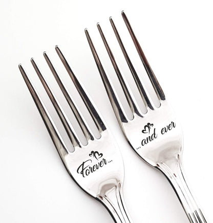 Bridal shower gift for couple, housewarming present for kitchen, wedding dinner forks for bride and groom, engraved anniversary flatware