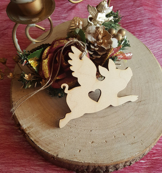 Laser Cut Wooden Flying Pig Ornament: Unfinished Wood Decoration