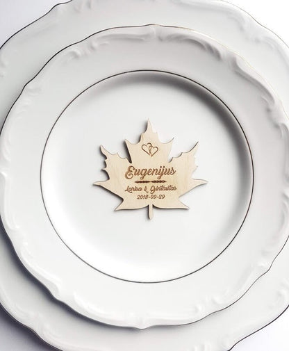 Laser Cut Maple Leaf Wood Place Card: Personalized Wedding Table Setting