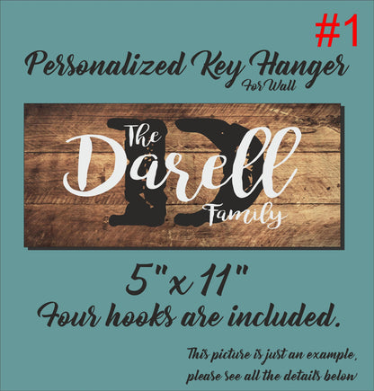 Personalized Family Key Holder, Wooden Key Hanger for Wall, Customized Housewarming Gift for Couple, Printed Custom Initial Monogram Sign