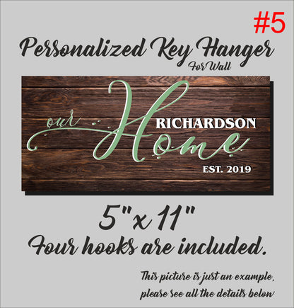 Personalized Family Key Holder: Printed Wood Key Rack with Hooks