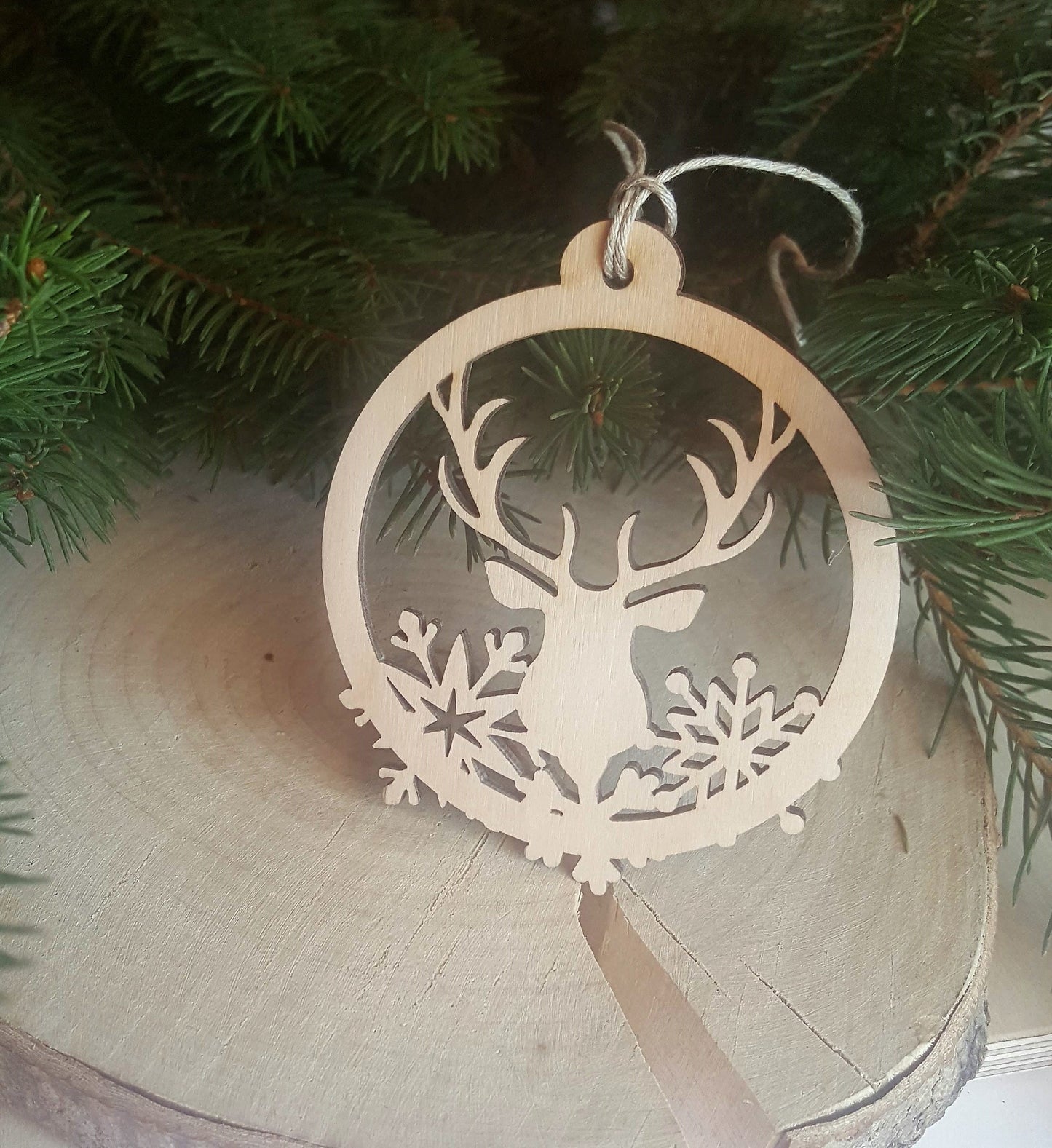 Laser Cut Wood Christmas Ornament: Deer & Snowflake Bauble