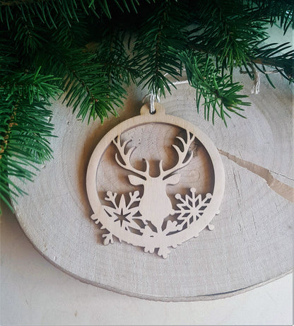 Laser Cut Wood Christmas Ornament: Deer & Snowflake Bauble