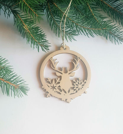 Laser Cut Wood Christmas Ornament: Deer & Snowflake Bauble