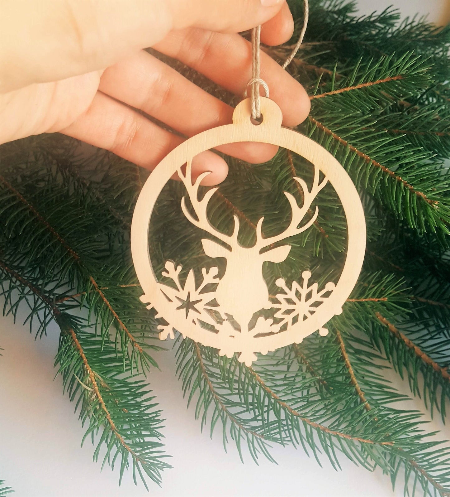 Laser Cut Wood Christmas Ornament: Deer & Snowflake Bauble