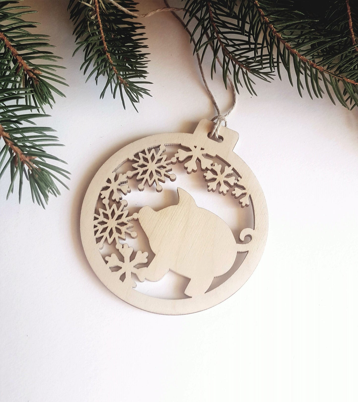 Laser Cut Wood Christmas Ornament: Pig & Snowflakes