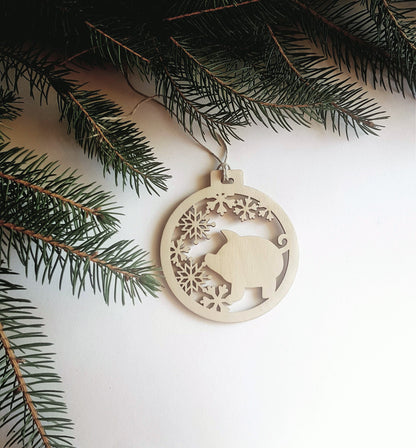 Laser Cut Wood Christmas Ornament: Pig & Snowflakes