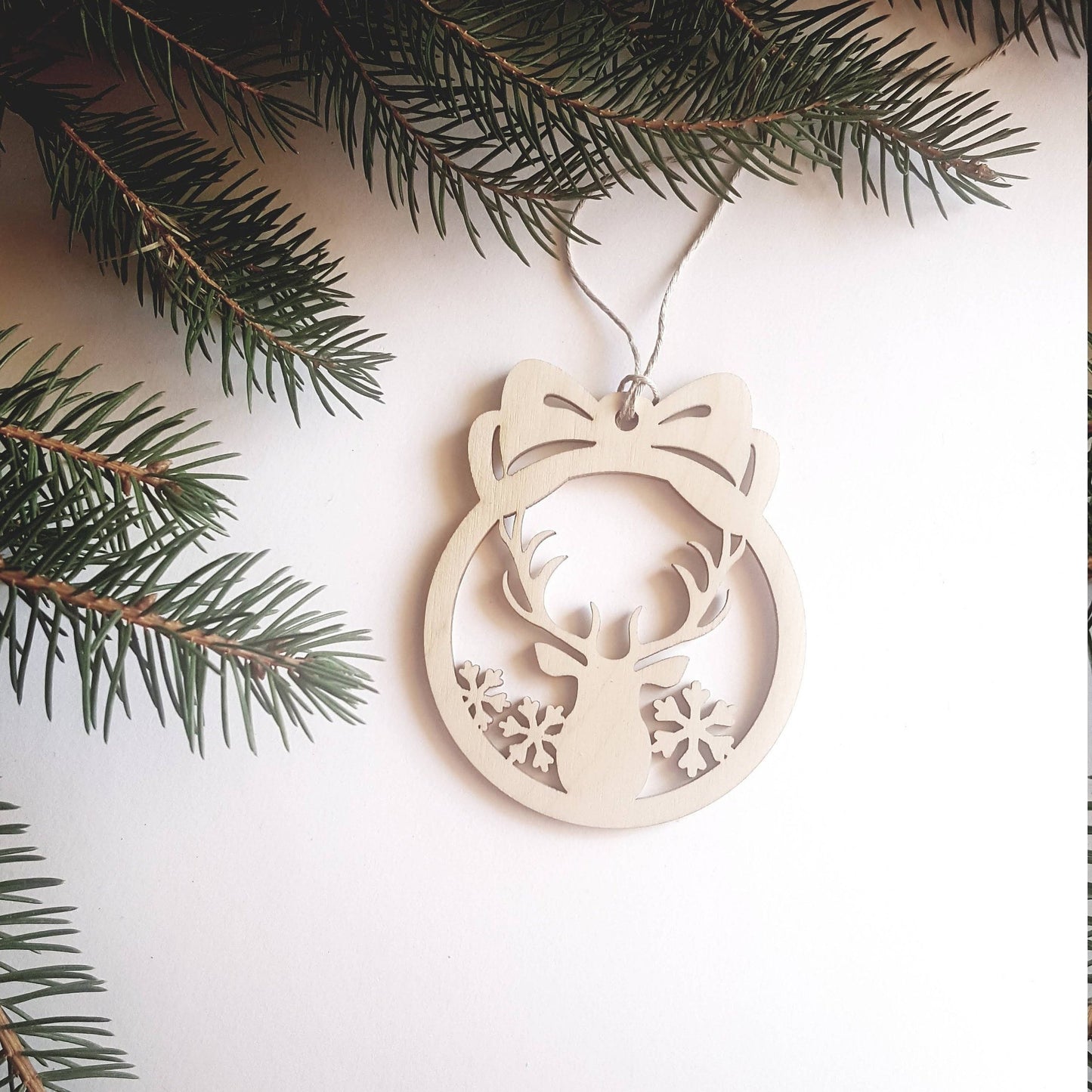 Laser Cut Wood Christmas Ornament: Pig & Snowflakes