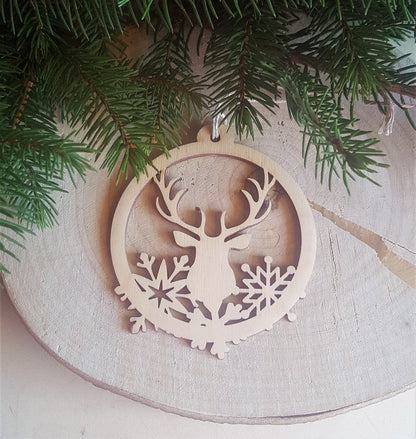 Laser Cut Wood Christmas Ornament: Pig & Snowflakes
