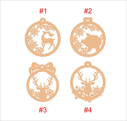 Laser Cut Wood Christmas Ornament: Pig & Snowflakes