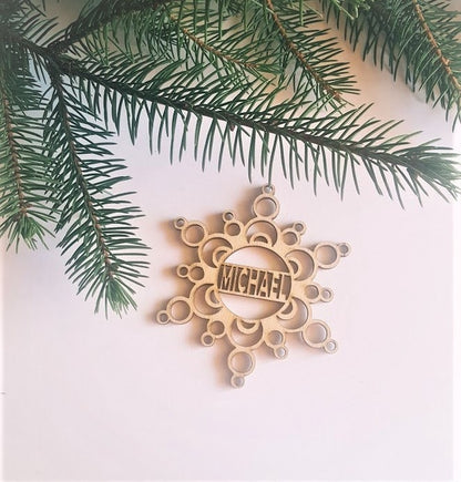Personalized Wood Snowflake Ornament: Laser Cut Christmas Bauble