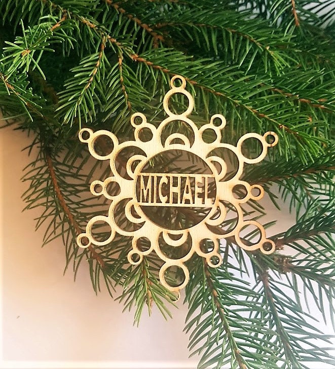 Personalized Wood Snowflake Ornament: Laser Cut Christmas Bauble
