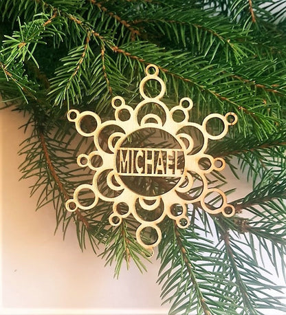 Personalized Wood Snowflake Ornament: Laser Cut Christmas Bauble