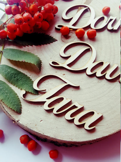 Name cards, wedding place signs, individual wooden seating tags, personalized laser cut table cards, custom guest names, place cards wood