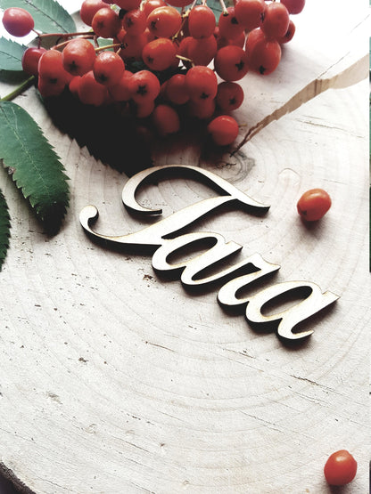 Name cards, wedding place signs, individual wooden seating tags, personalized laser cut table cards, custom guest names, place cards wood