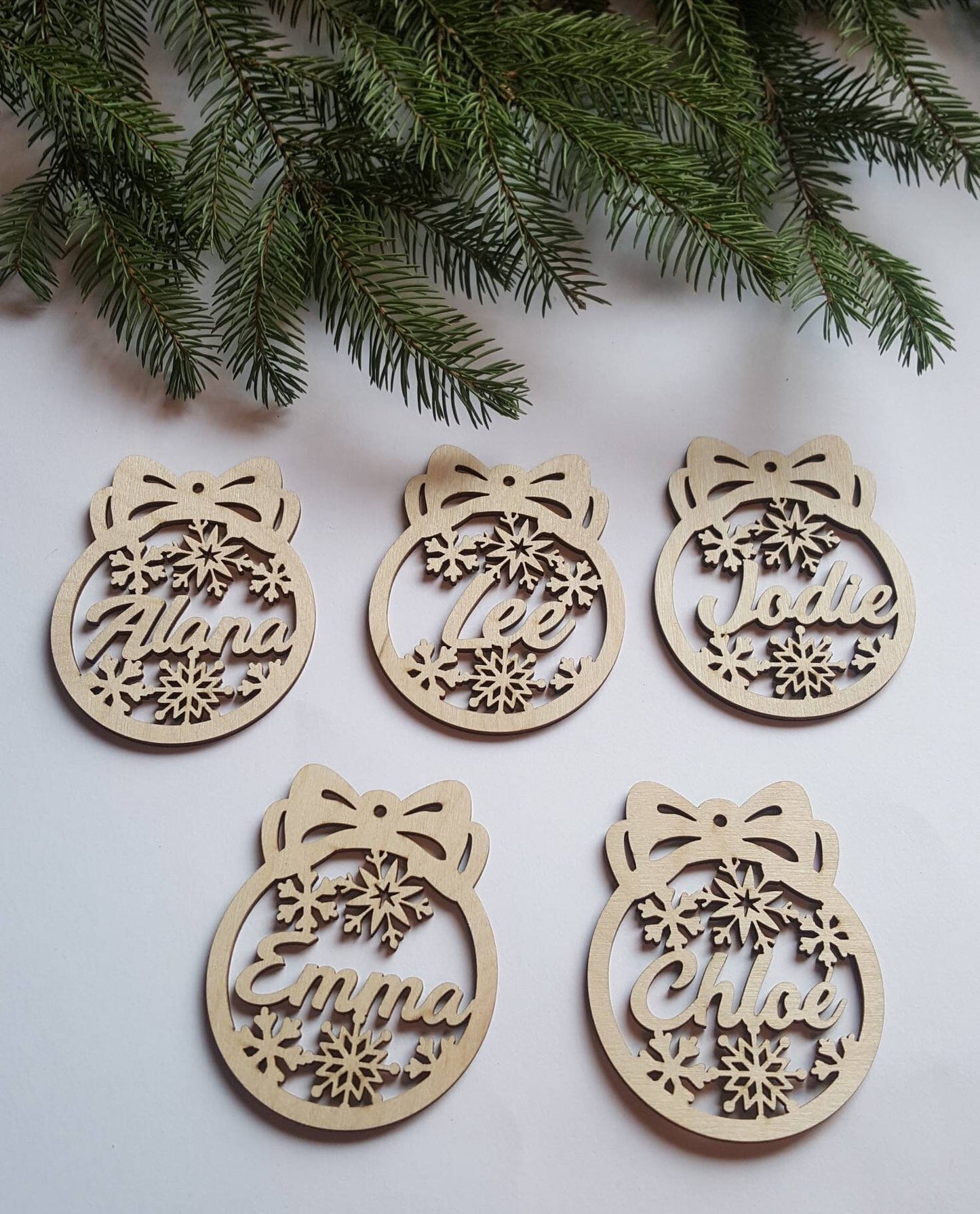 10 Personalized Snowflake Ornaments: Laser Cut Wood Christmas Baubles