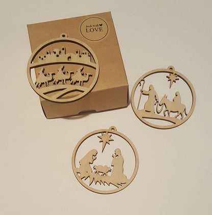 Laser Cut Wooden Nativity Scene Ornament Set: Natural Wood Christmas Decor