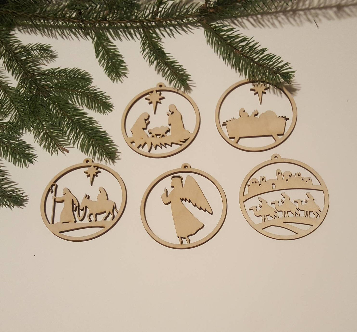 Laser Cut Wooden Nativity Scene Ornament Set: Natural Wood Christmas Decor