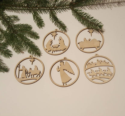 Laser Cut Wooden Nativity Scene Ornament Set: Natural Wood Christmas Decor