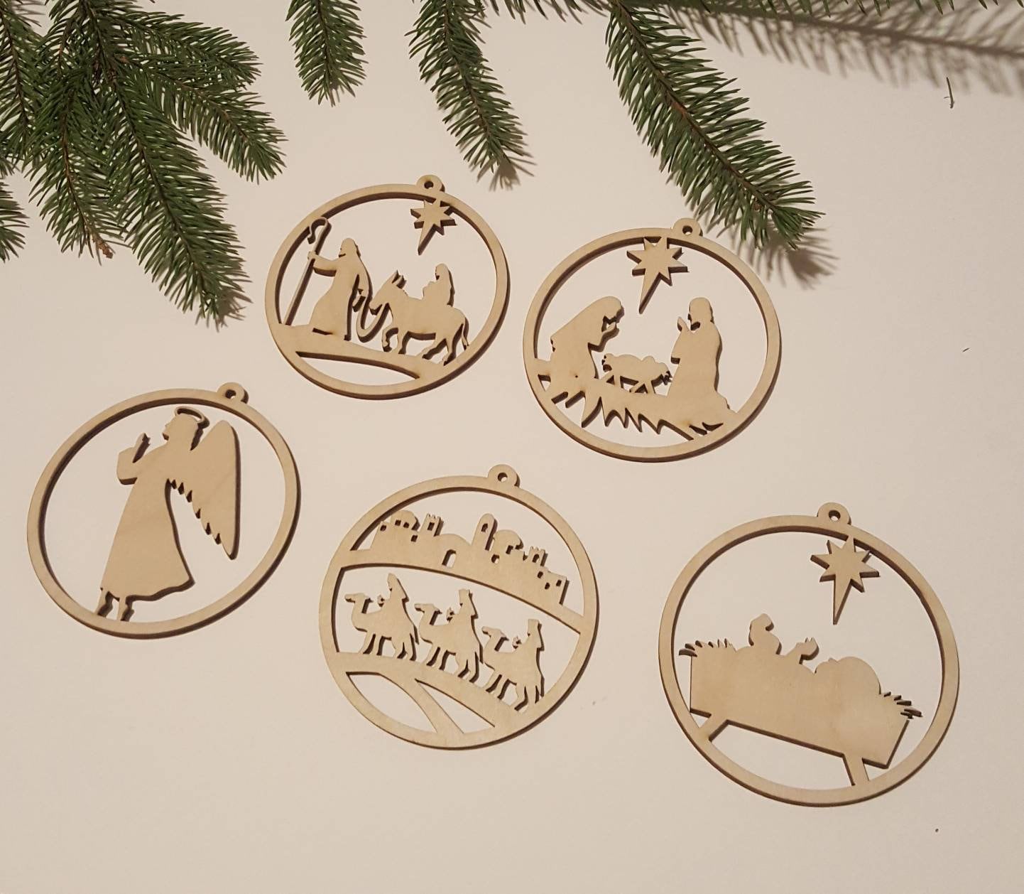 Laser Cut Wooden Nativity Scene Ornament Set: Natural Wood Christmas Decor