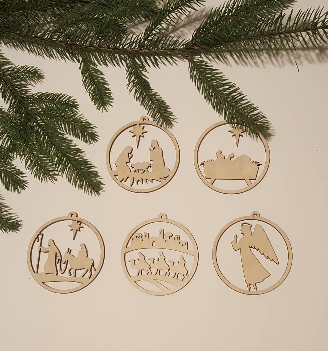 Laser Cut Wooden Nativity Scene Ornament Set: Natural Wood Christmas Decor